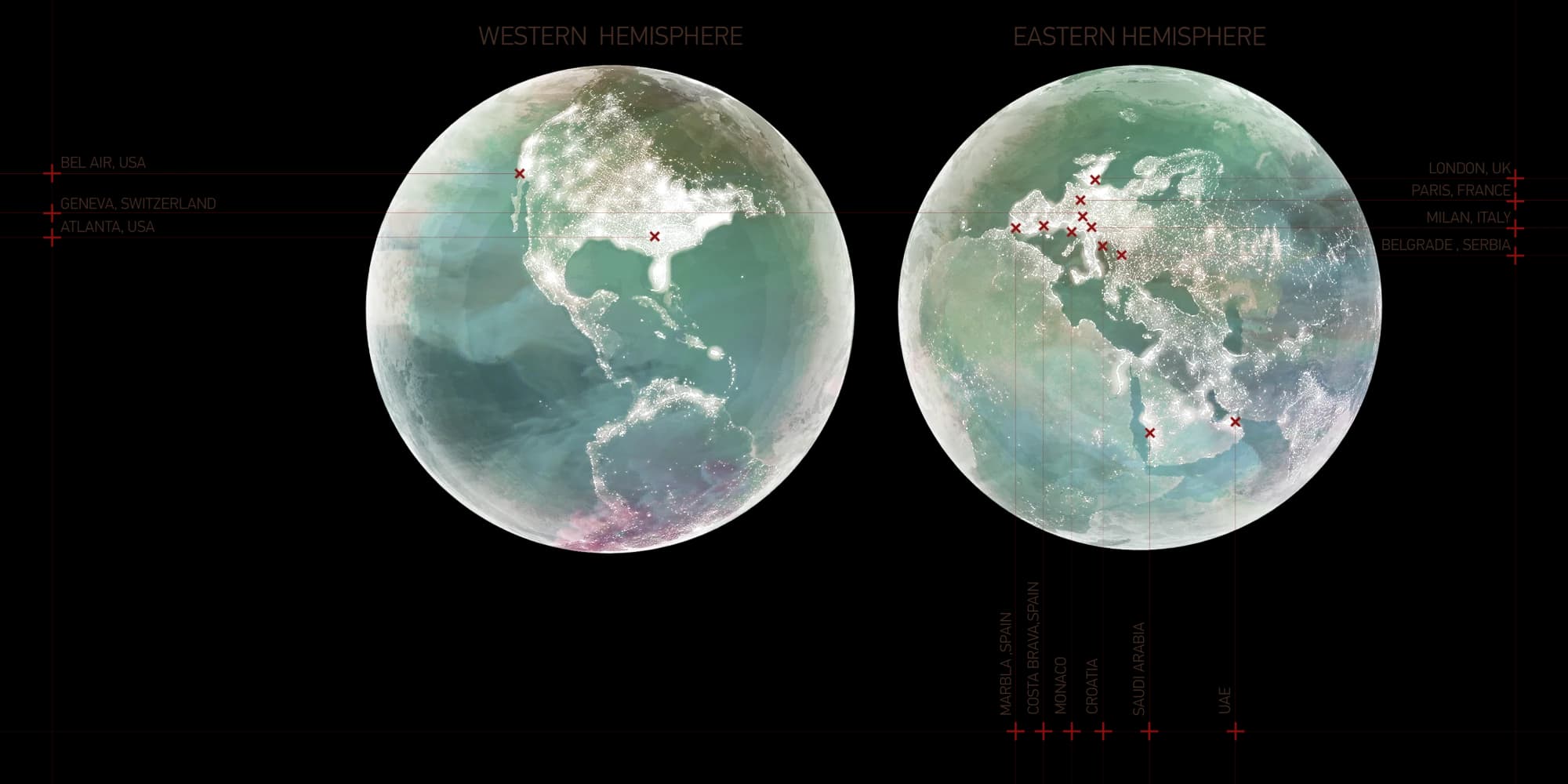 Project map — commissions across the western and eastern hemispheres